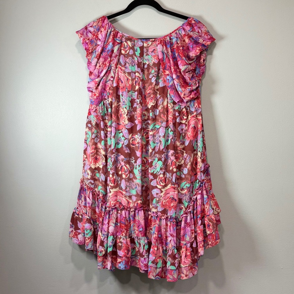Free People woodington Floral Sheer Ruffle Mini Dress Pink sheer Womens XS - Picture 7 of 10